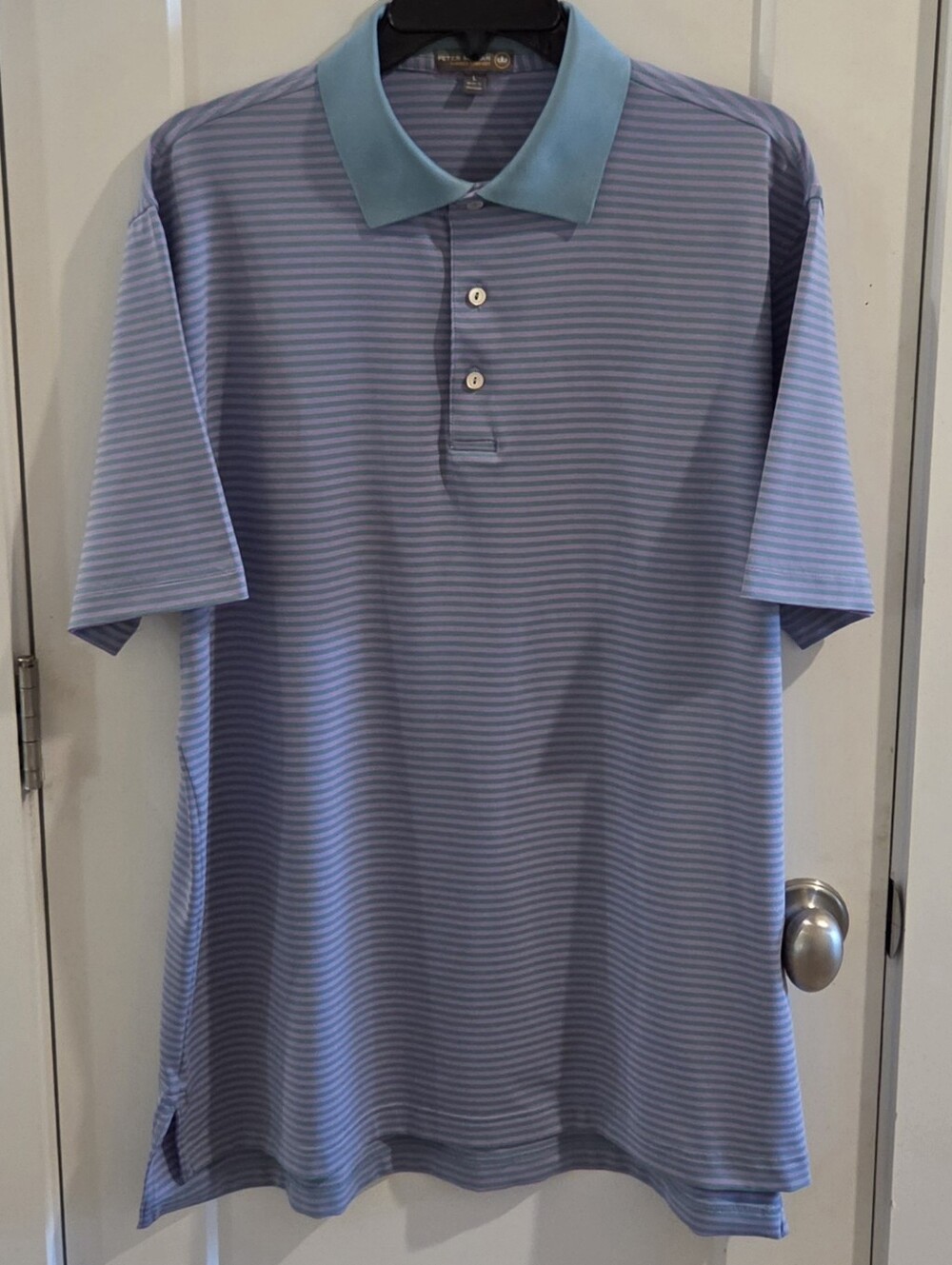 Peter Millar Jersey Performance Polo Shirt - Blue & Pink Striped - Size Large